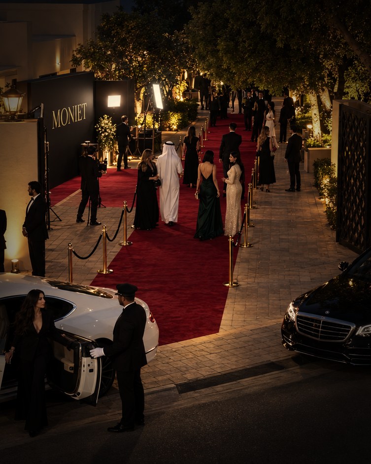 Guests arriving along a red carpet at a candlelit villa