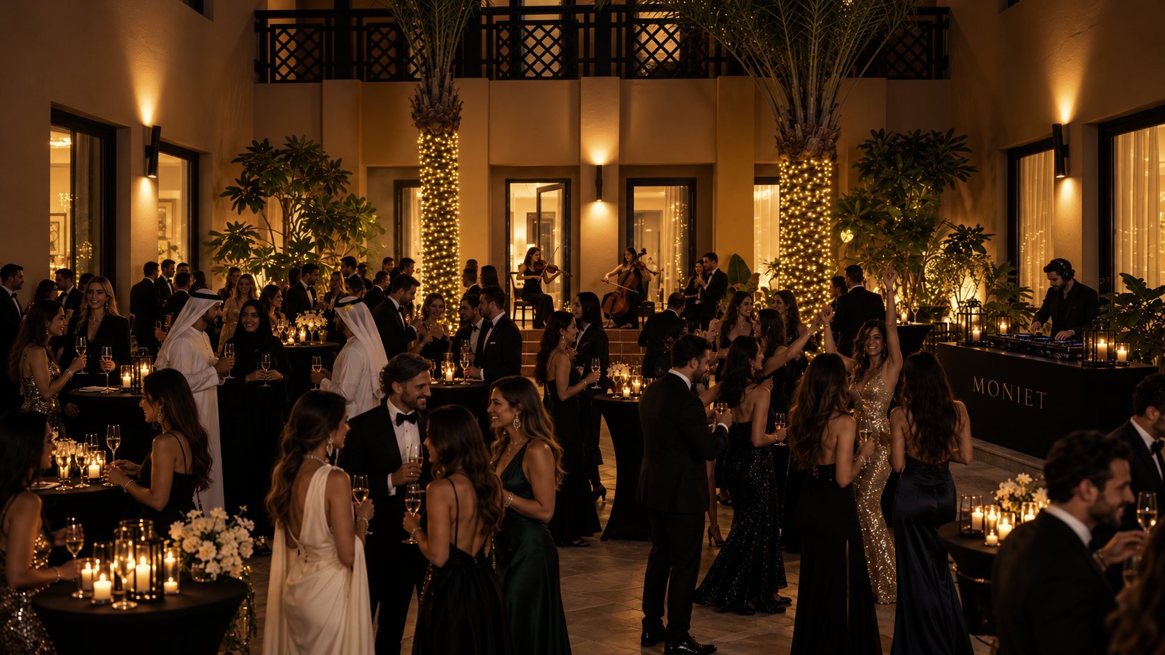 Guests celebrating in a candlelit courtyard, from the DJ to the string players