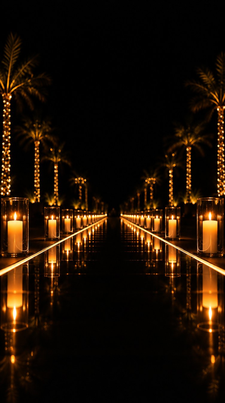 A candlelit runway at night