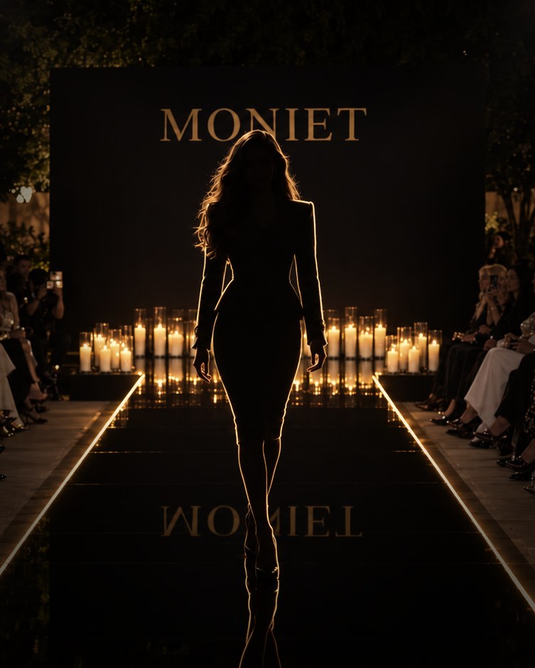 The MONIET runway by candlelight, a model walking in silhouette